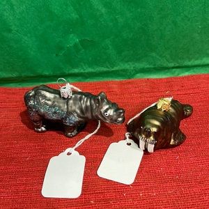 Handmade glass blown ornaments set of 2 walrus & Rhino